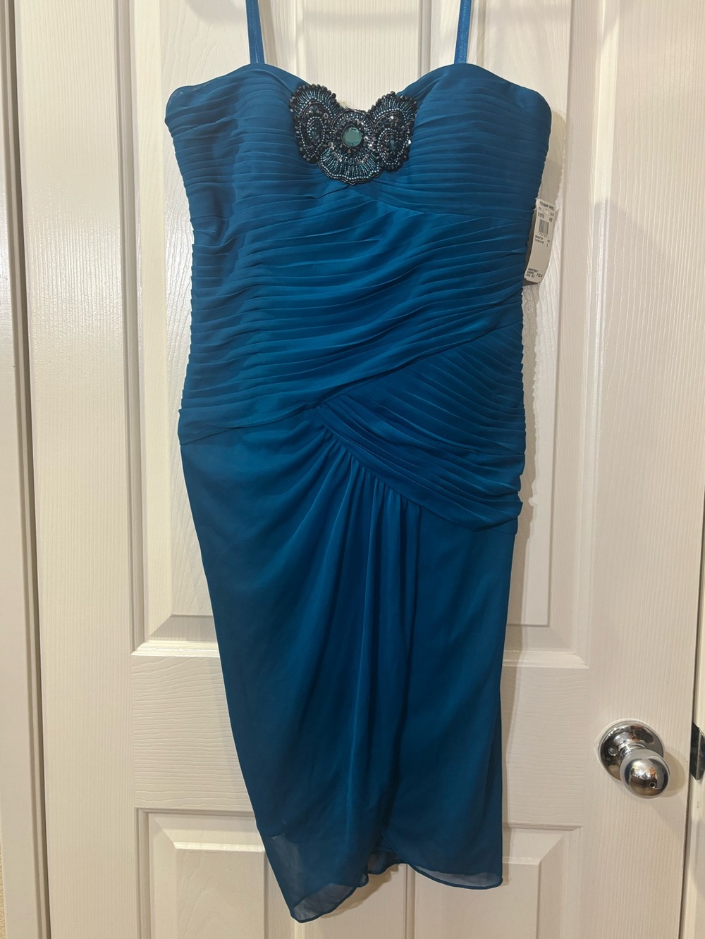 Adrianna Papell Teal Ruched Spaghetti Strap Cocktail Dress with Beaded Accent
